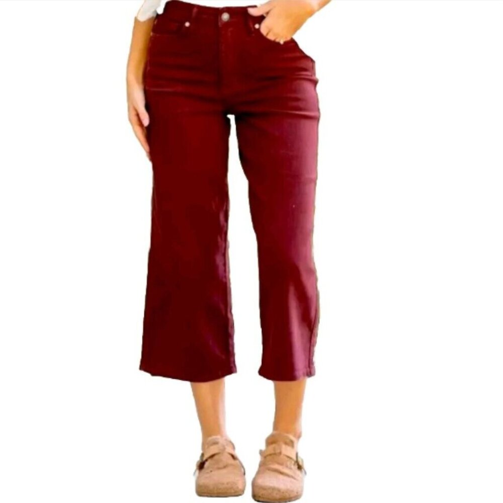 Judy Blue Oxblood High Waist Tummy Control Wide Crop Jeans JB88752